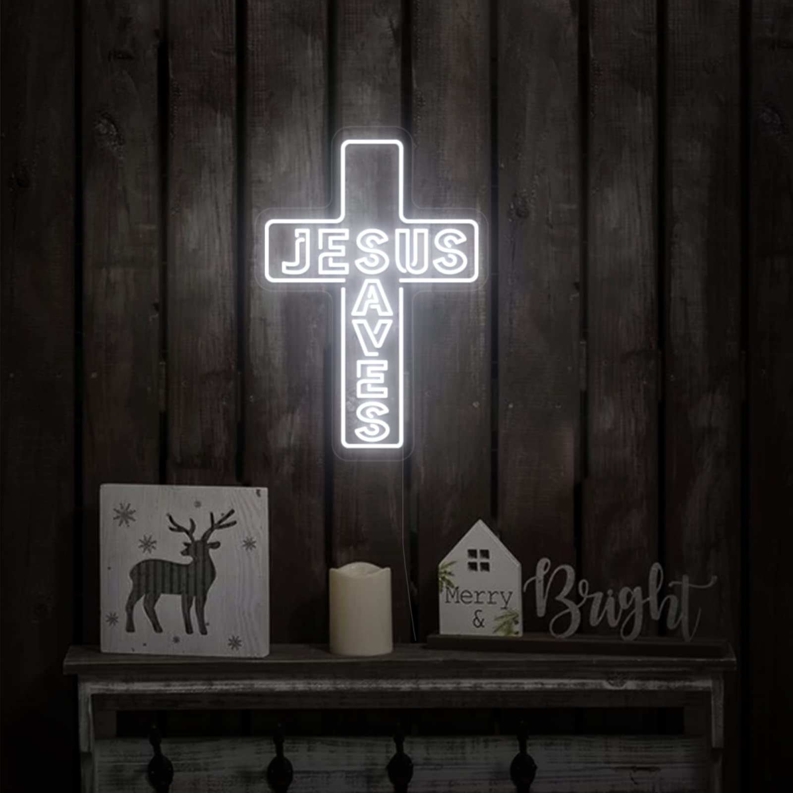 オーダーメイド　ネオンサインJESUS SAVES NEON管　14*9インチ Large Cross Neon Sign Jesus Saves, 20x14'' LED White Jesus Cross