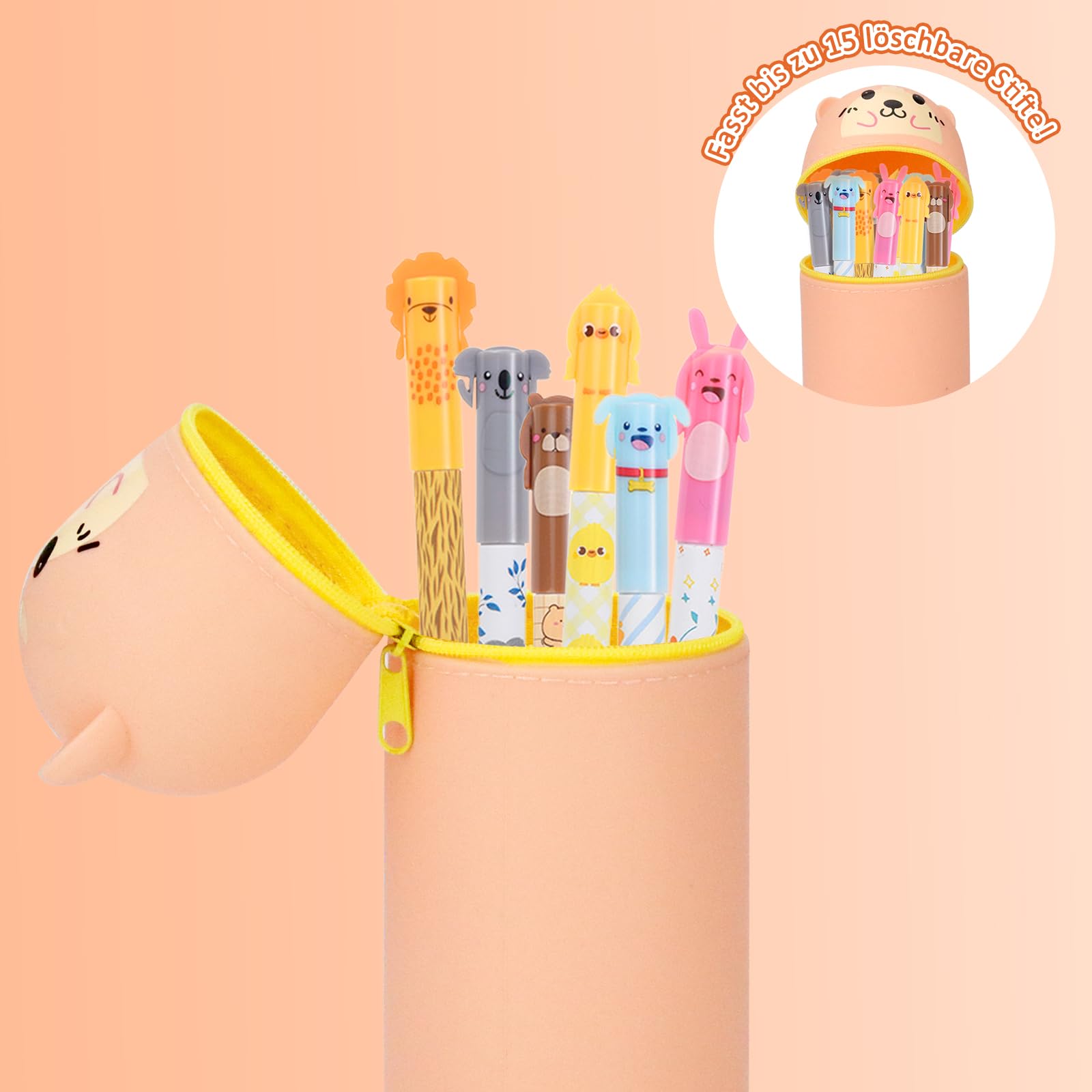 Set di penne gel cancellabili con testa di animale, 6 penne cancellabili + astuccio in silicone 2 in 1, per ragazze, cancellabile in gel da 0,5 mm, nero, portapenne, per scuola, università, ufficio