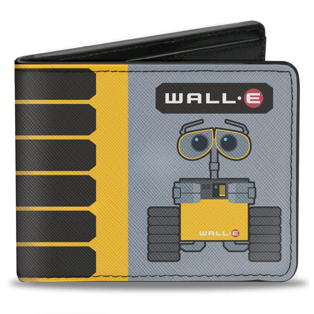 Buckle-DownMen's Disney Wallet, Bifold, Wall E Pose Tread Solar Charge Level Icon Gray Yellow Black, Vegan Leather, 4.0" x 3.5"