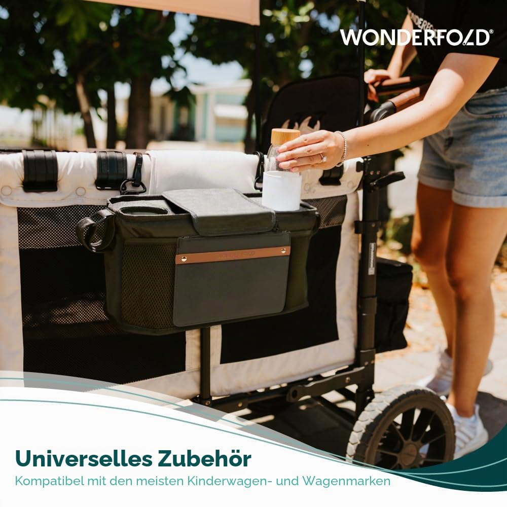 WONDERFOLD Kinderwagen-Organizer mit isolierten Getränkehaltern, Klettverschluss-Griffbefestigung, 2 Aufbewahrungstaschen und abnehmbarem Schultergurt für einfachen Transport