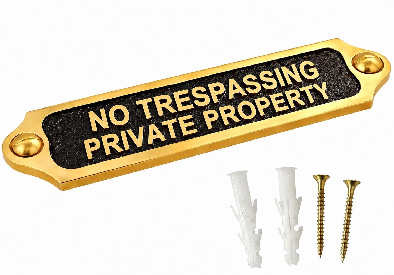 Solid Brass No Trespassing Private Property Door Sign Plaque with Black Background, Wall Mounted Security Notice Plate for Home, Gate, Fence, Driveway, Office, Farm, Business Entrance 22 x 5 cm — image 1