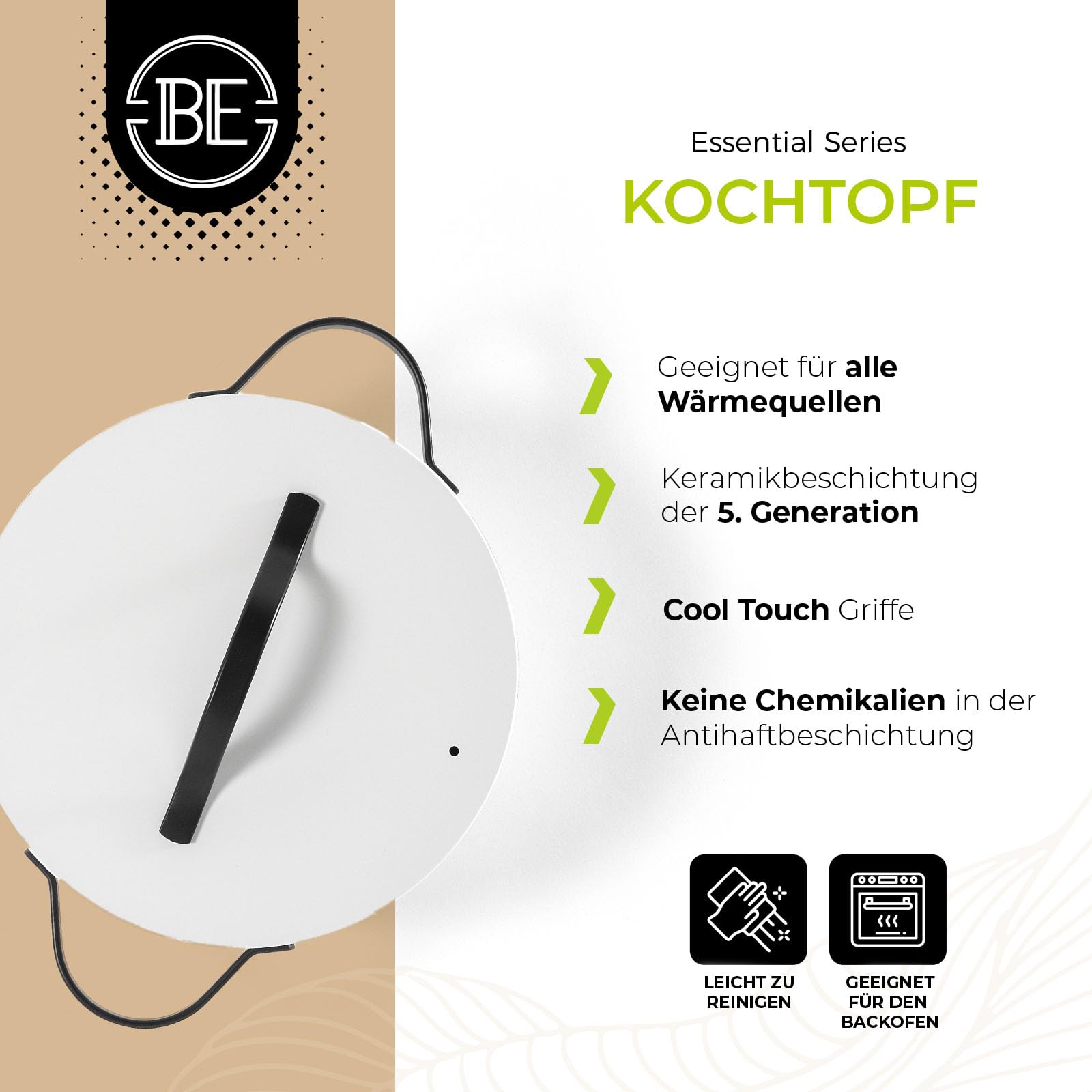 Be Living Essential Kochtopf mit Deckel Ø 28 cm (7 L) Induktion Schmortopf, Non Stick Keramik Antihaft, Ohne ptfe und pfoa, Weiß