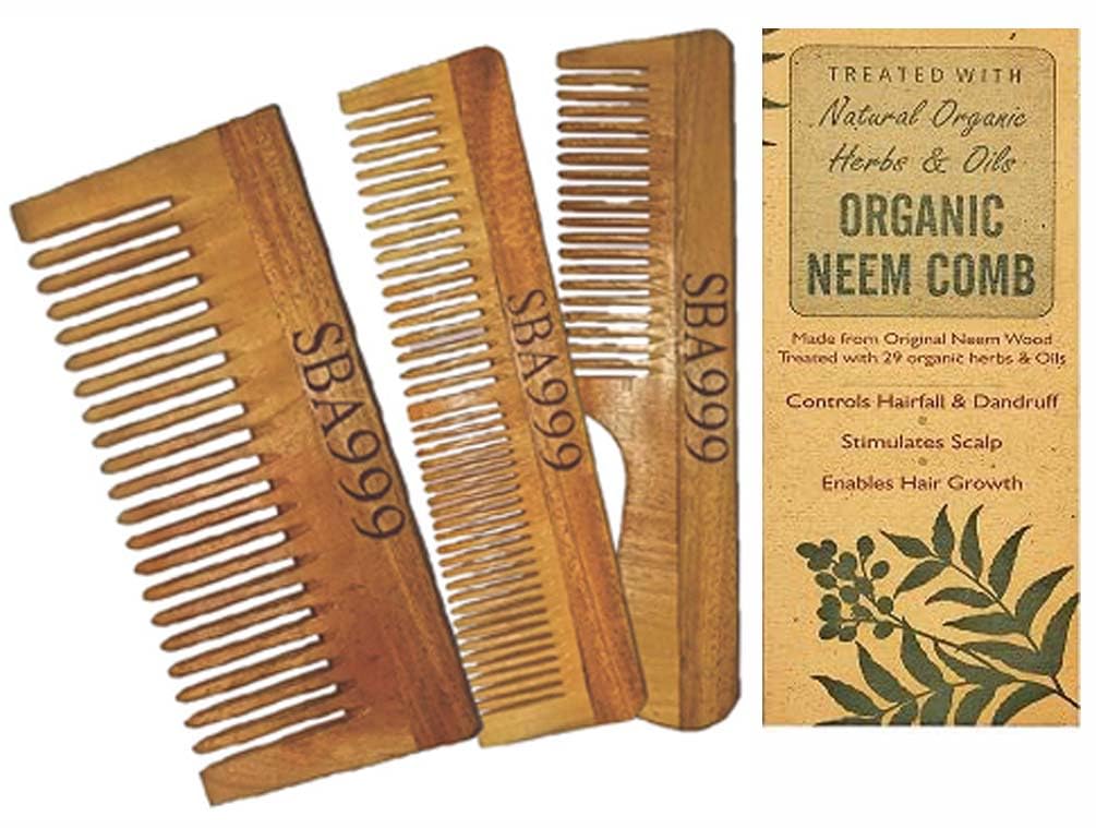 SBA999 Organic Natural Young Neem Wood Comb | Improves Hair Growth, Straightening |Hairfall, Dandruff, Premature Hair Greying Frizz Control | Treated with Neem Oil, Bhringraj like 29 Herbs (SET OF 3)