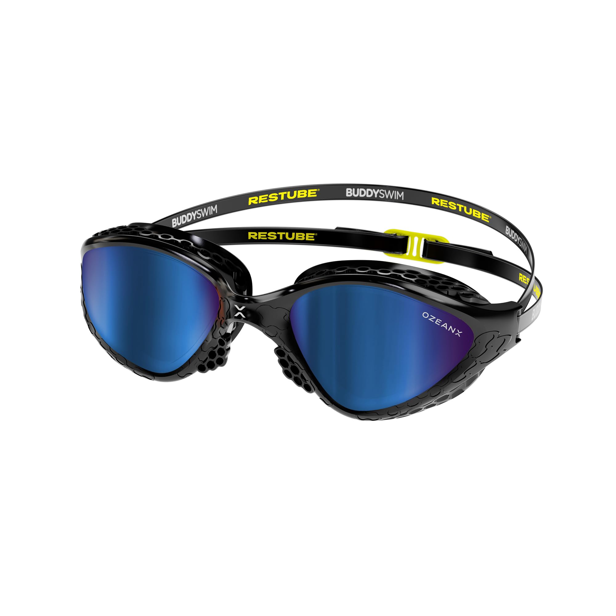 Restube Okulary pływackie Anti-Fog dla mężczyzn i kobiet, dla dorosłych, okulary do pływania ze szkłem panoramicznym, ochrona przed promieniowaniem UV, lustrzane, HCF Honeycomb Fit mostek na nos