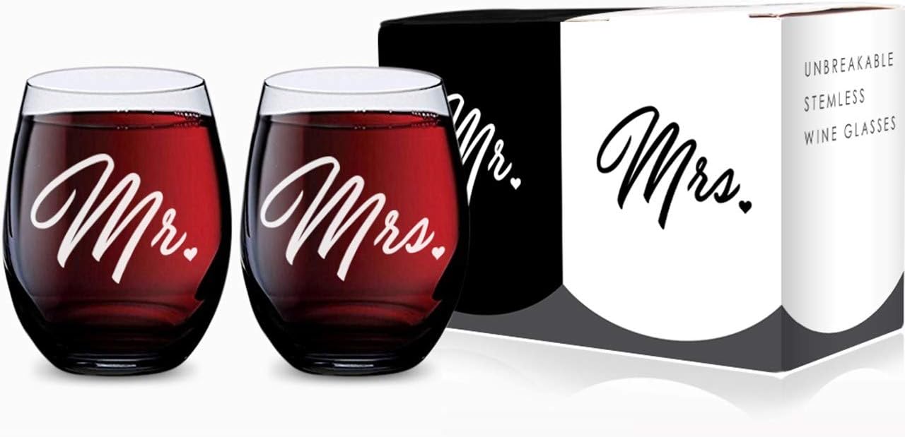 GSM Brands Mr and Mrs Stemless Wine Glasses for Bride and Groom Wedding Celebration (Set of 2), Made of Unbreakable Tritan Plastic and Dishwasher Safe - 16 Ounces