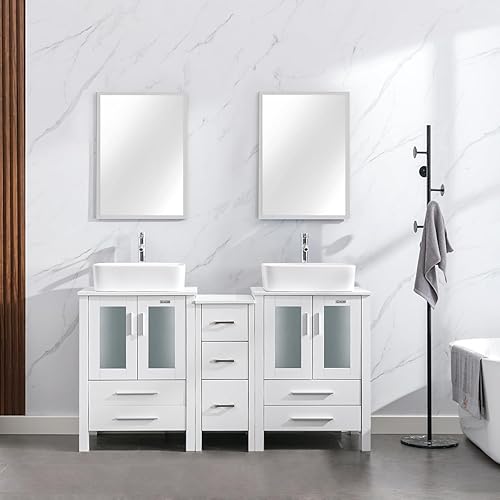 Miniatura 1 de eclife Juego de lavabo de tocador de baño de 60 pulgadas blanco con gabinete lateral, fregadero rectangular de cerámica blanca y grifo cromado para