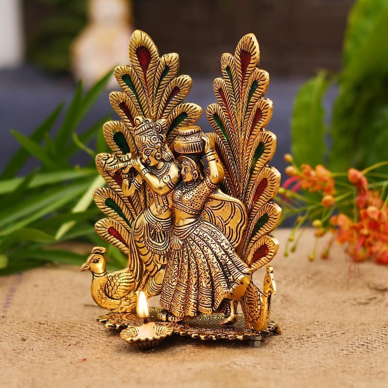 Image of Brass Finish Metal Statue of Lord Krishna and Radha with Peacock, Traditional Indian Decor with Intricate Detailing for Home & Office 7-Inch Decorative Idol for Spiritual, Cultural.