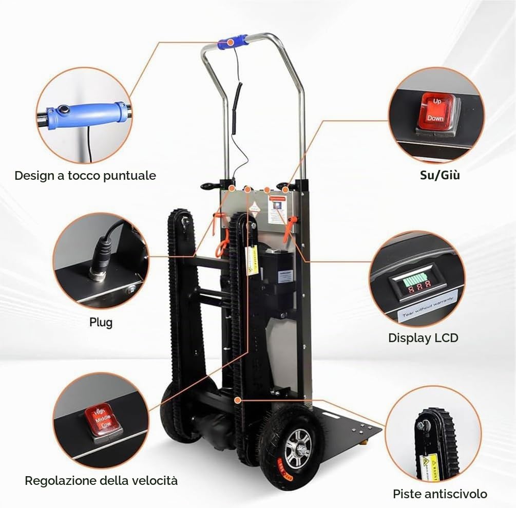 Carrello Elettrico A Mano - Scale su E Giù Carrello Elettrico per Salire Scale, con Maniglia Telescopica Motore Brushless da 1200 W Batteria Rimovibile da 48 V/36 Ah (07)