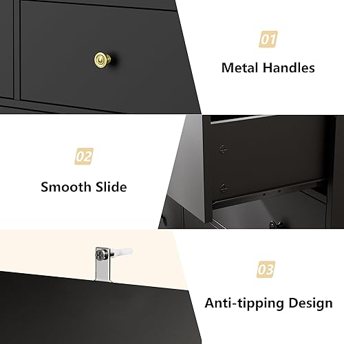 Miniatura 6 de Cómoda negra de 55 pulgadas para dormitorio, cómoda grande de madera con 7 cajones profundos con asas doradas, cómodas modernas y anchas de