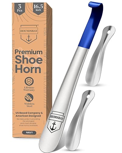 Travel Metal Shoe Horn Long Handle for Seniors, Shoehorn Long-handle, Shoe Horns for Men Long Handle, Long Handled Shoe Horn for Women and Kids, Extra Long Shoe Horn for Seniors, Boot Horn, Shoe Spoon - 16.5 Navy W/ 2 Travel