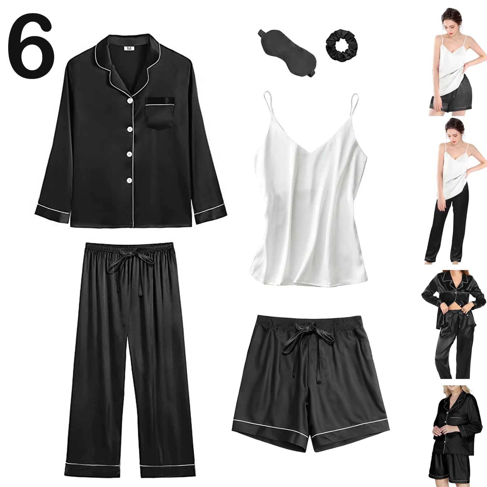 WJing Yi Jia Conjunto de pijama de satén de seda para mujer, conjunto de pijama largo, camisola sexy, 6 piezas