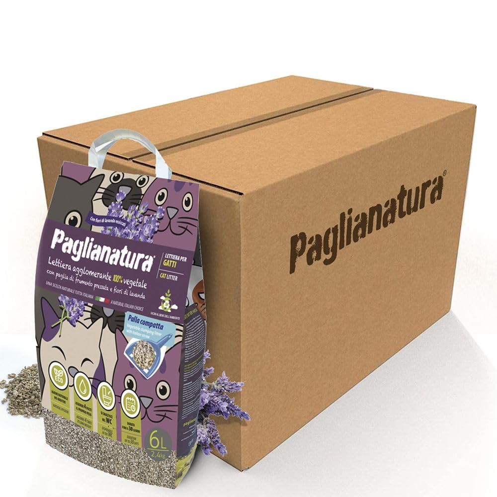 Paglianatura Zestaw do pakowania 6 sztuk Żwirek dla kota Aglomerujący Lavender 2,4 kg/6 lt — świeży zapach lawendy, wysoka chłonność, ekologiczny i łatwy w czyszczeniu