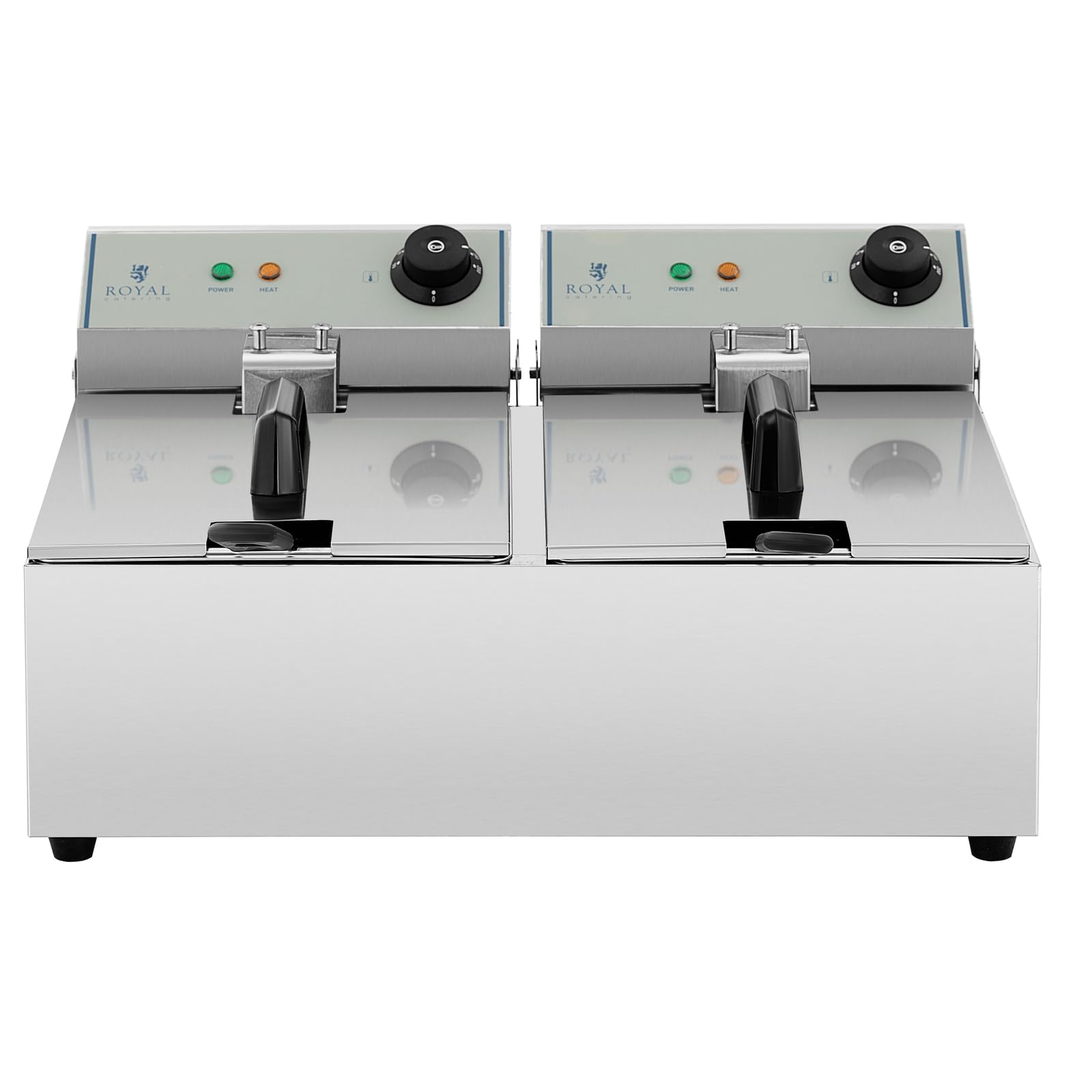 Royal Catering Freidora Industrial Profesional Rcef-10Dy-Eco (Doble con Doc Cestas 2 X 10 Litros, 2 X 3.200 W, 230 V, Termostato, Acero Inoxidable)