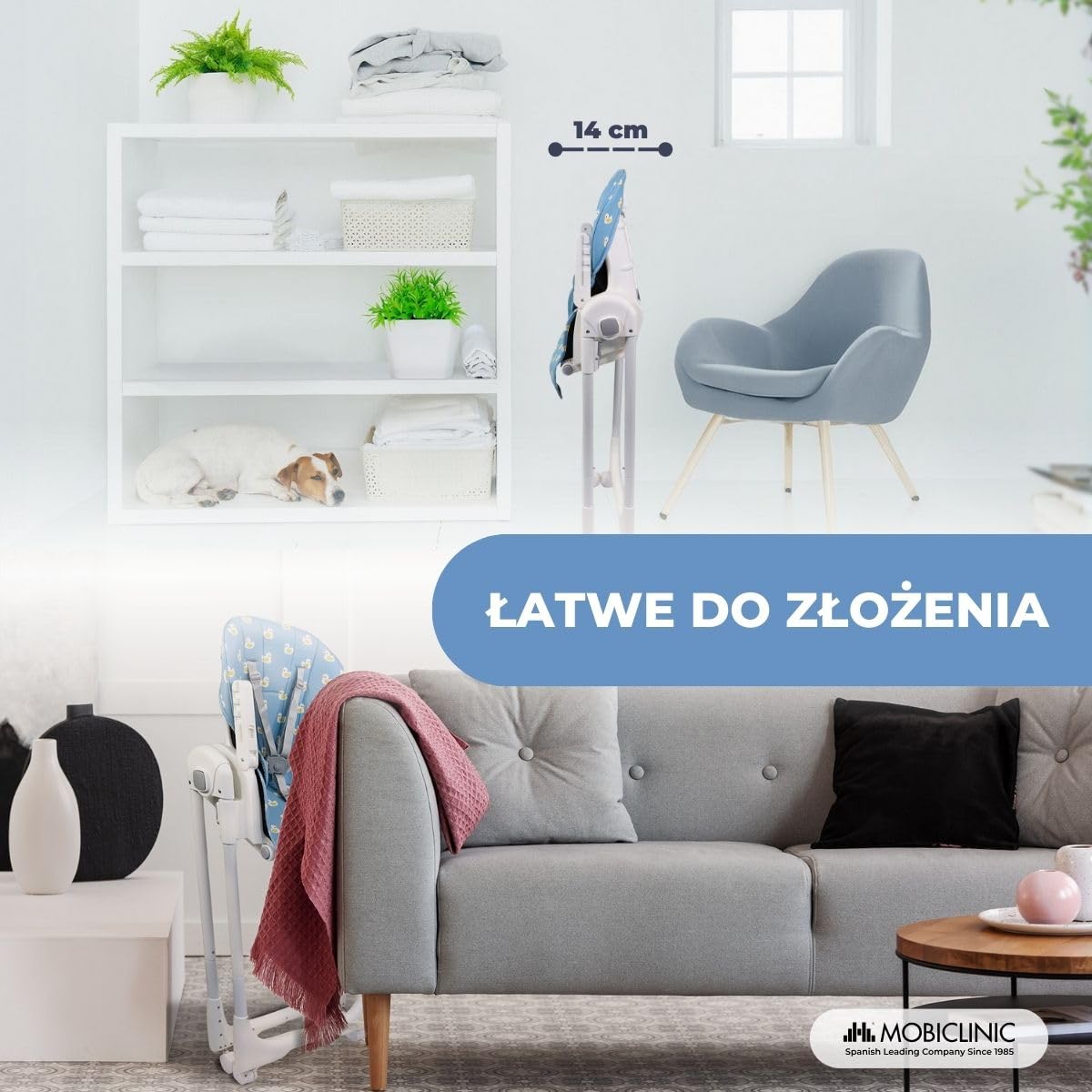 Mobiclinic®, Wysokie krzesełko dla dziecka, Evolutive, Dodatkowe składanie, Możliwość przekształcenia w krzesełko, Simba, 5-punktowe, Kółka z hamulcami, Podwójna wyjmowana tacka