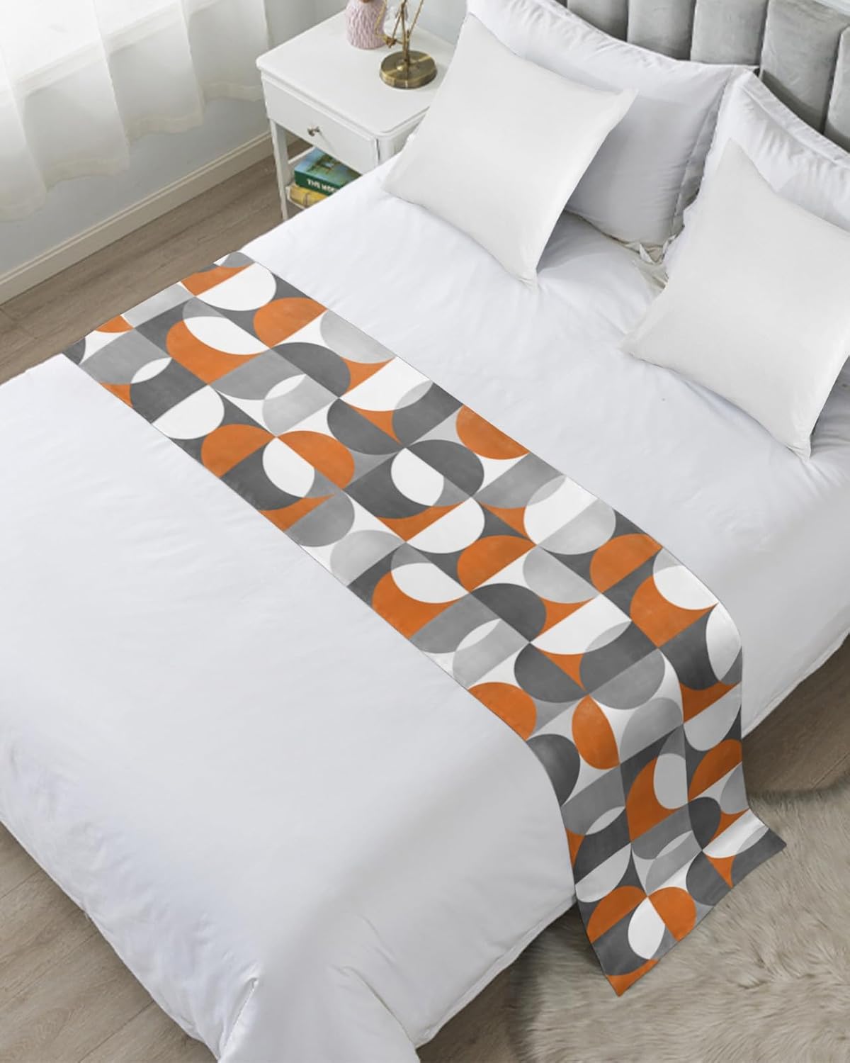 Bed Runner Scarf, Retro Middle Ages Abstract Geometic Orange Gray Pattern King Bed Bedding Scarves Cover Decorative Bed Scarf for Home Hotel Guesthouse Bedroom Wedding Room Guestrooms 102"x20"