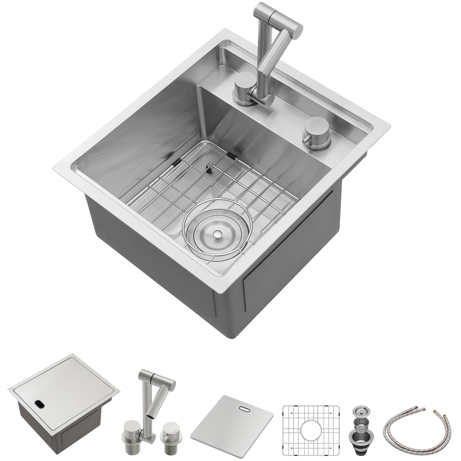 Lordear RV Kitchen Sink with Foldable Faucet,15" x 17" Bar Prep Sink Undermount 16 Gauge Stainless Steel Single Bowl Small Kitchen Camper Wet Bar Mobile Home Basin