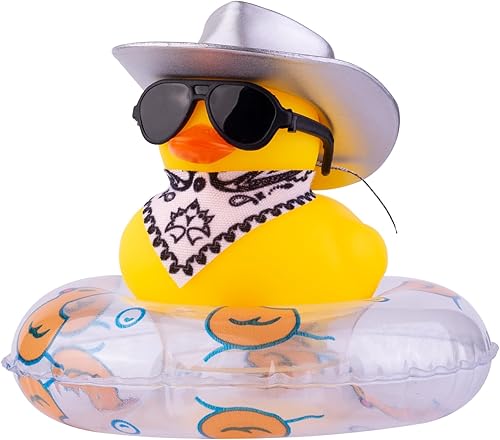 Miniatura 8 de Pato de goma de vaquero pato amarillo decoración de tablero de pato fresco adornos de coche con mini sombrero de vaquero, bufanda, gafas de sol,