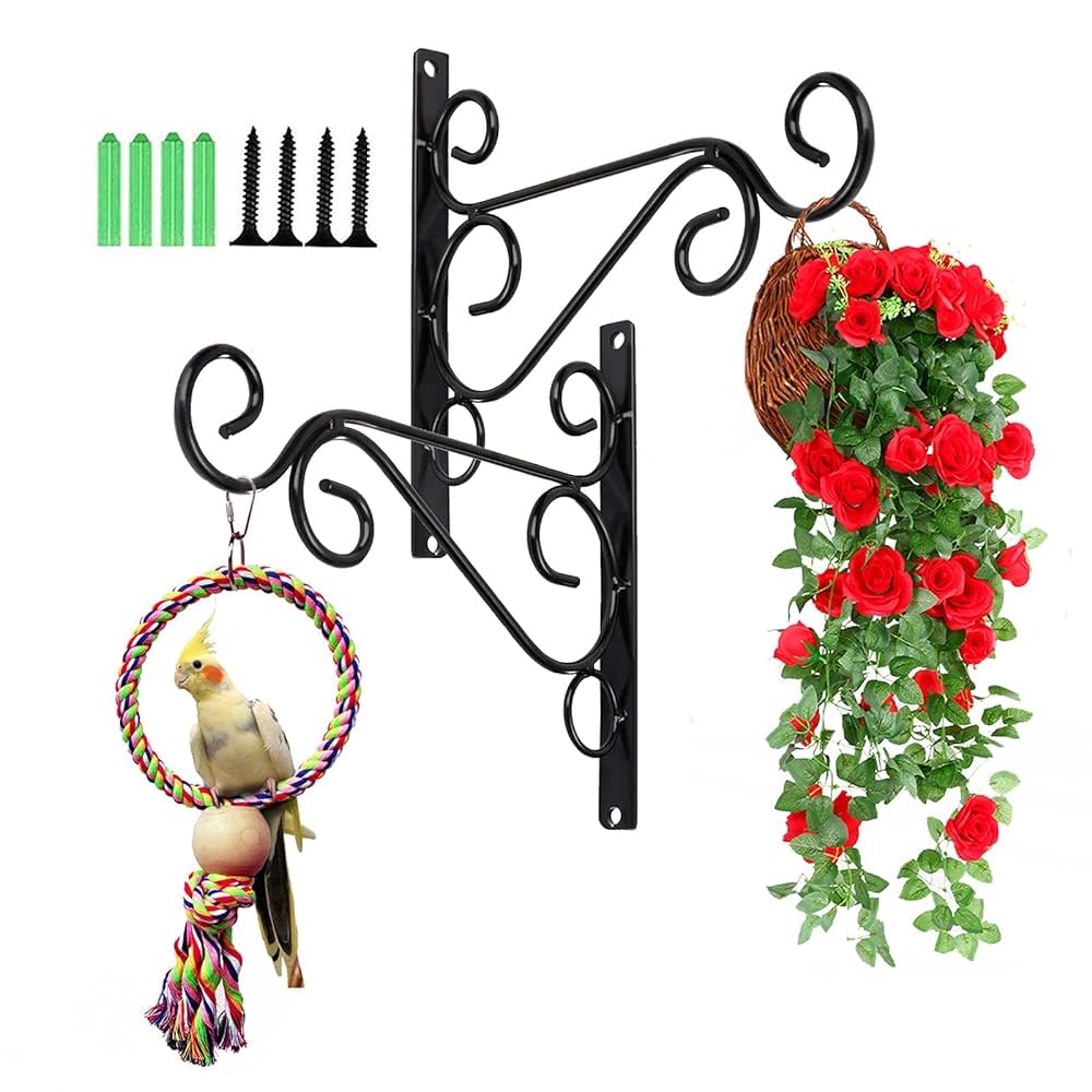 2Pcs Iron Plant Hanger Wall Hooks - Hanging Basket Brackets, Wall Hanging Brackets Hooks for Hanging Bird Feeders, Lanterns, Wind Chimes, Planters - Wrought Iron Bracket (Black)