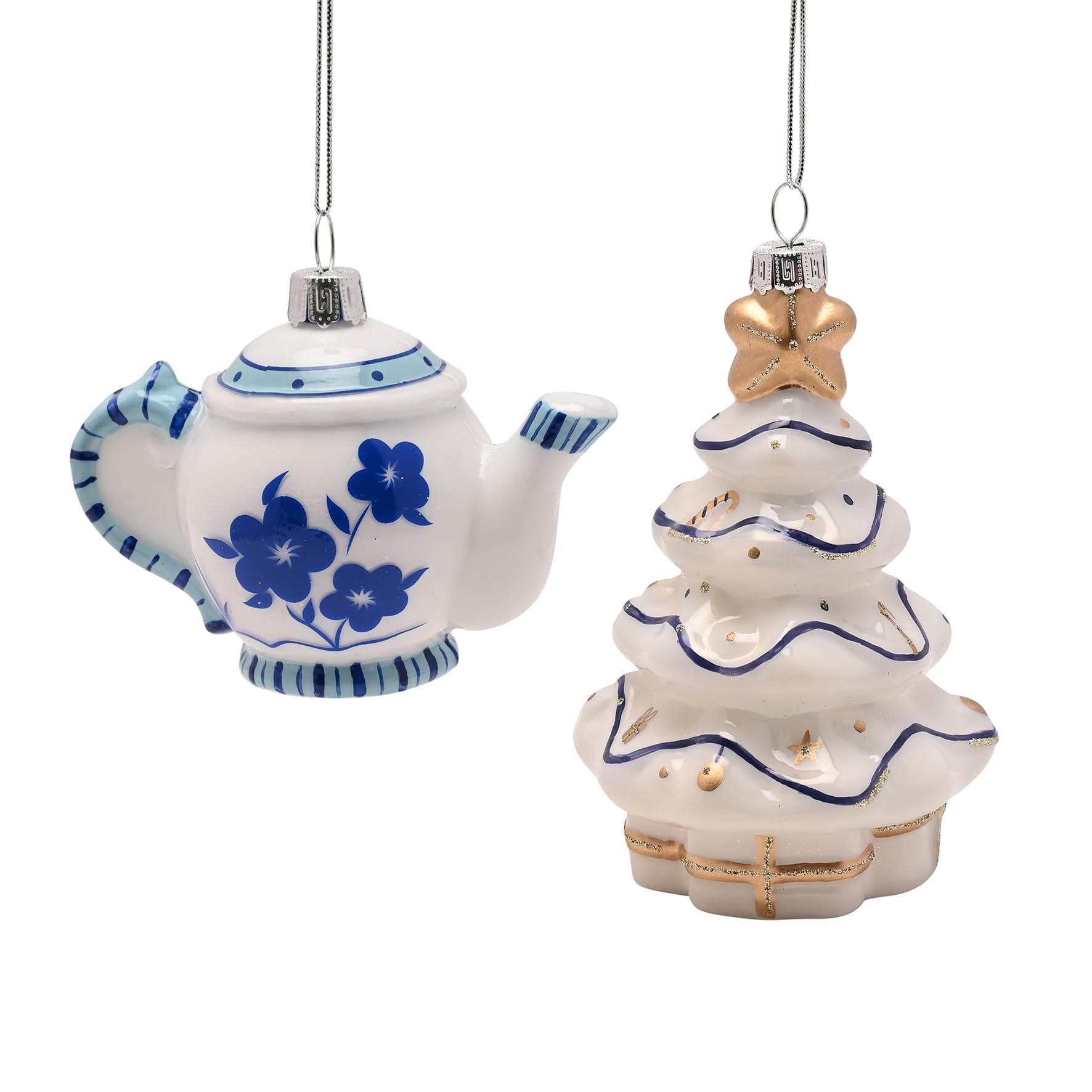 Widdop Set of 2 Blue & White Glass Baubles – Elegant Teapot & Christmas Tree Hanging Decorations for a Chinoiserie-Inspired Festive Display