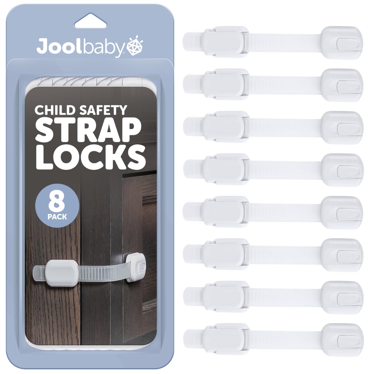 Child Safety Strap Locks (8 Pack) Baby Proof Cabinets, Drawers, Fridge, Toilet & Trash Cans – 3M Adhesive Childproof Locks – Jool Baby