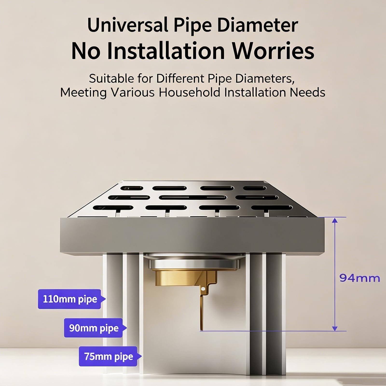 Desagüe Cuadrado De Acero Inoxidable para Piso, Rejilla De Desagüe De Acero Inoxidable para Sumidero, Compatible con Tuberías De PVC De 75/90/110 Mm (3"/3.5"/4"), Drenaje Rápido, para Patio