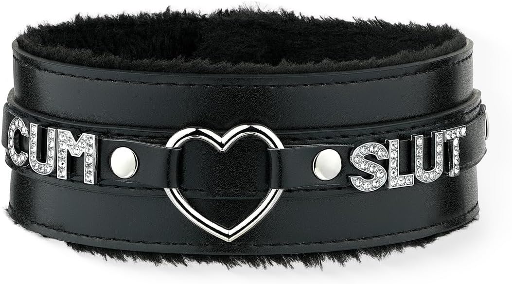 Pink Furry Heart O-ring Leather Choker Collar For Women, Handmade Punk Gothic Letter Necklace Adjustable Fashion Jewelry