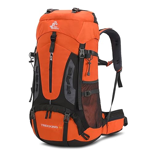 Bseash 60L Waterproof Hiking Camping Backpack with Rain Cover, Lightweight Outdoor Sport Travel Daypack for Climbing Touring - Orange
