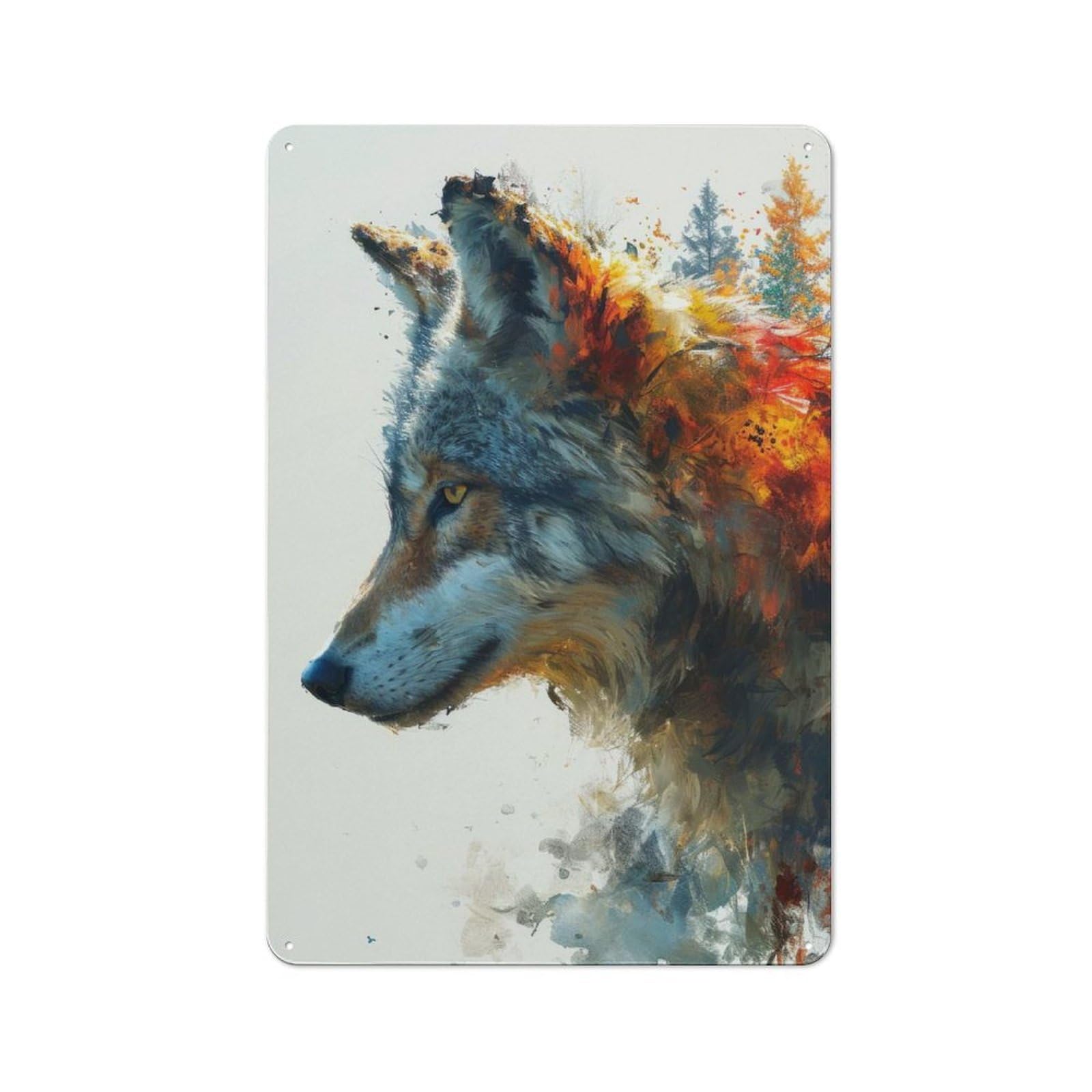 Junmoney Wolf Watercolor Painting Printed Metal Sign 30X20cm For Café Or Restaurant, For Hospitality Interior Collectors