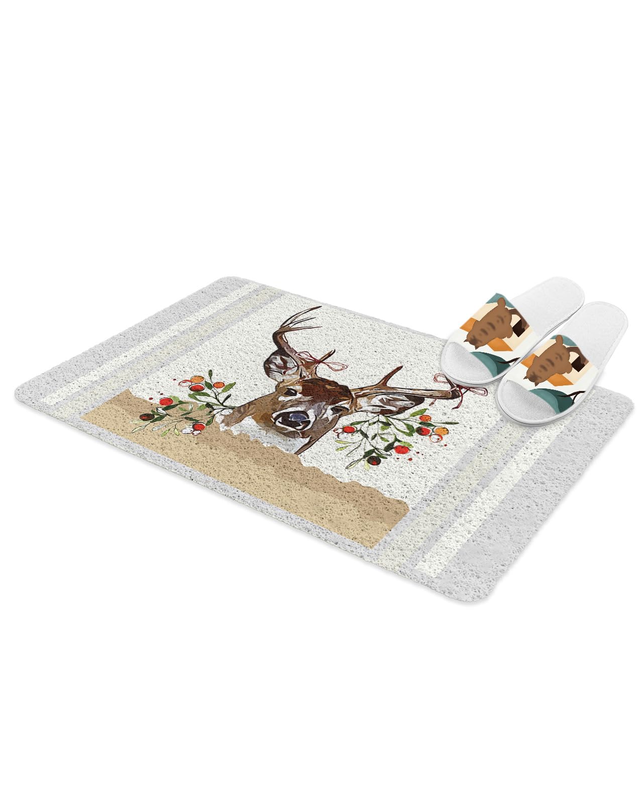 Non-Slip Shower Mat Bathtub Mat PVC Loofah Bathroom Mat - Soft Loofah Mats for Shower Bathroom Wet Areas Quick Dry Bath Mat(16x24 Inch,Abstract Minimalistic Christmas Poinsettia and Deer)