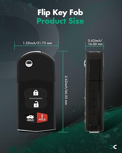 Miniatura 3 de SCITOO 1 llavero de coche sin llave con 4 botones de repuesto para Mazda 3 5 6 CX-7 CX-9 MX-5 Miata RX-8 Flip Key Fob BGBX1T478SKE125-01