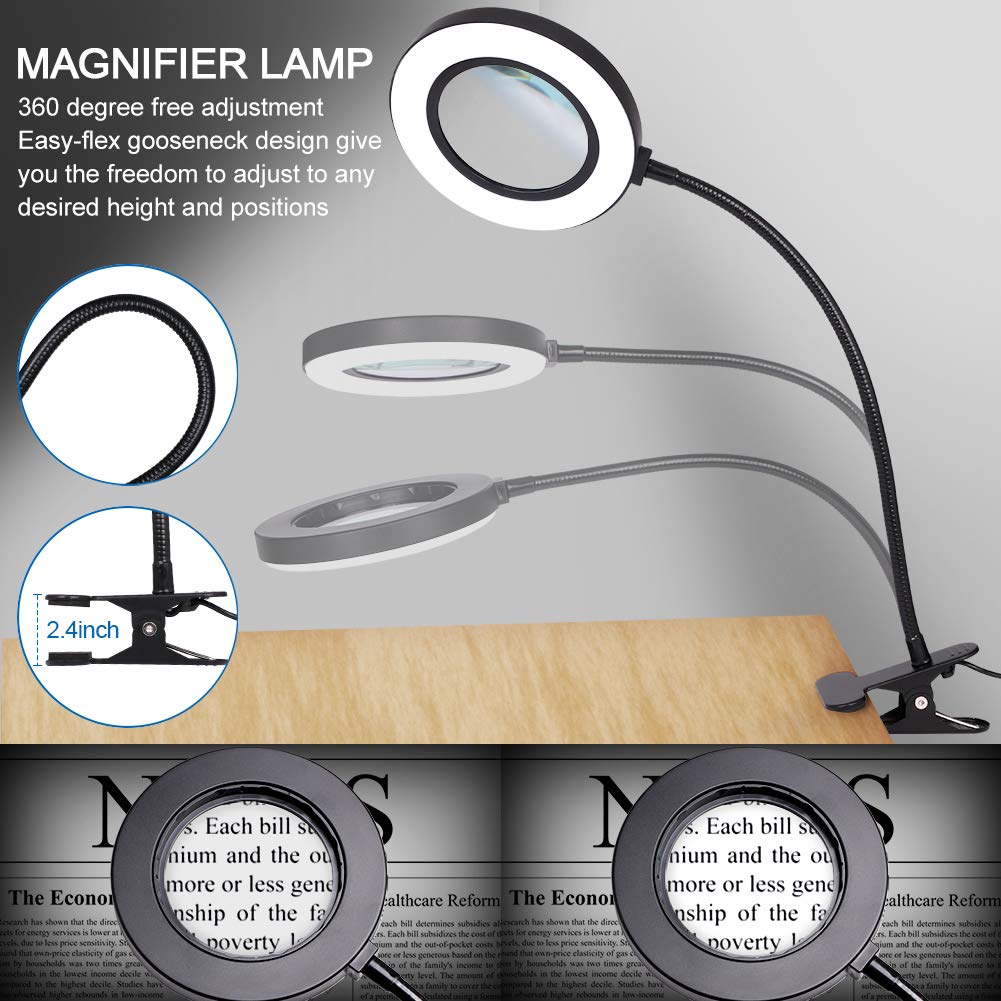 Loupe De Bureau LED 6x - Avec Pince Et Lentille Verre - 3 Couleurs Réglables - USB - Pour Couture/Lecture