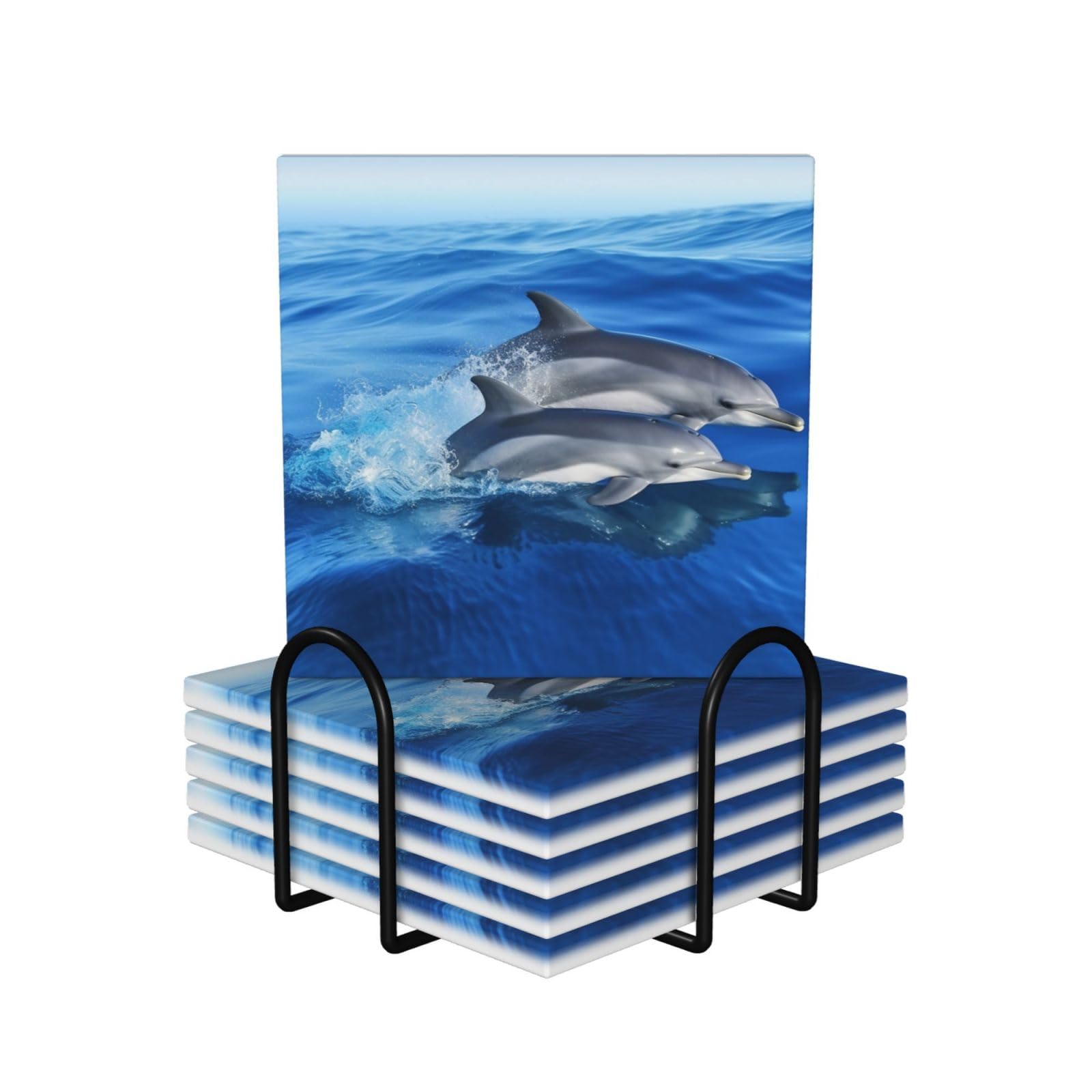 6Pcs Ceramics Coaster for Drinks, Dolphin Family Cup Coasters with Holder, Aesthetic Drink Coasters for Coffee Table, Absorbent Round Coaster for Tabletop Protection 4" Cup Mat Pad