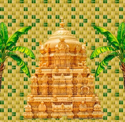 Image of Temple Backdrop for Decoration | Vibrant Golden Gopuram Ceremonial Background, Coconut Leaf Temple Backdrop | Lakshmi Backdrop 5x5 feet