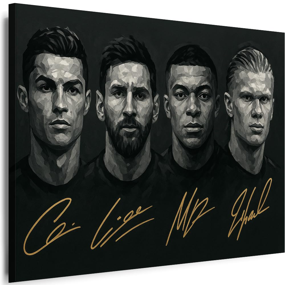 Julia-Art - Bilder Fußball 4 legendäre Spieler Ronaldo, Messi, Mbappe, Haaland Leinwandbilder XXL Wandbilder 80 x 60 cm Leinwandbilder Xxl Sport Kunstdruck j-a-28287-3 Wanddeko