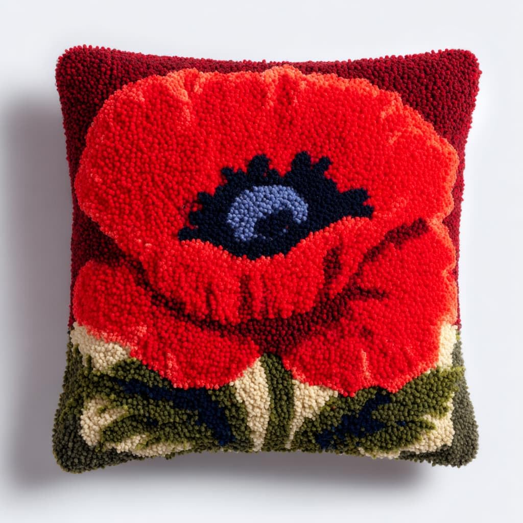 Taxpy DIY Latch Hook Pillow Cover Kits, Red Flowers Stamped Handamade Pillowcase Crochet Yarn Hook and Latch Emboridery Throw Pillow 43x43cm