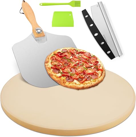 Pizza Stone 5-Piece Set, 15 Inch Round Grill and Oven Pizza Stones with Metal Pe