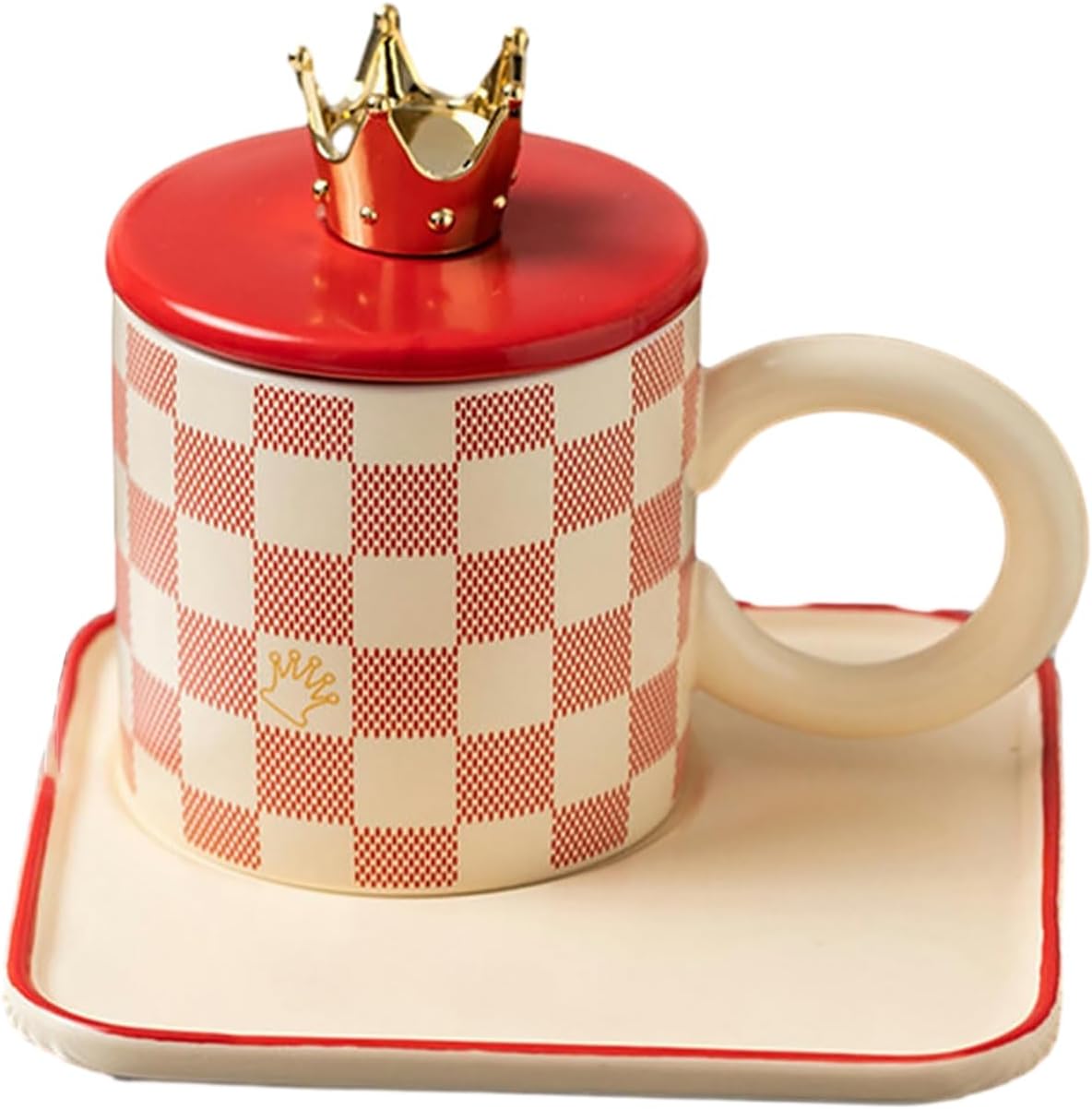 260ml Creative chessboard ceramic cups and plates with lids, large round handles, mugs, microwave ovens, office and home coffee cups-coffee