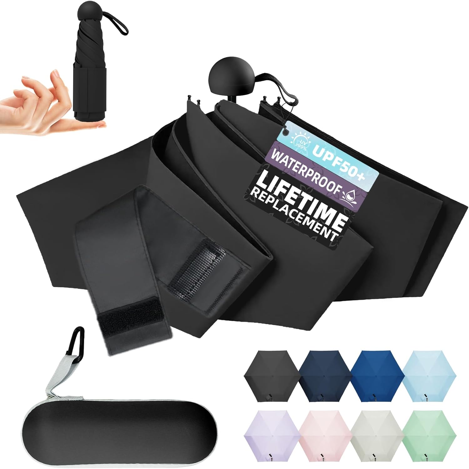 Travel Mini Umbrella Compact Small & Lightweight, UV Rain Protection, Pocket-Sized Folding Umbrellas with Quickdraw & Case for Men Women & Kids Backpack