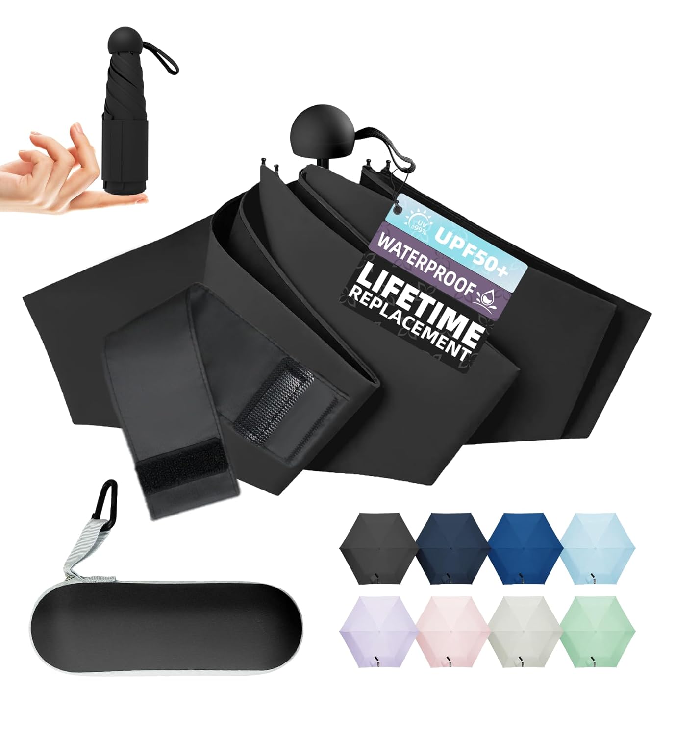 Travel Mini Umbrella Compact Small Lightweight UV Rain Protection Pocket-Sized Folding Umbrellas with Quickdraw Case for Men Women