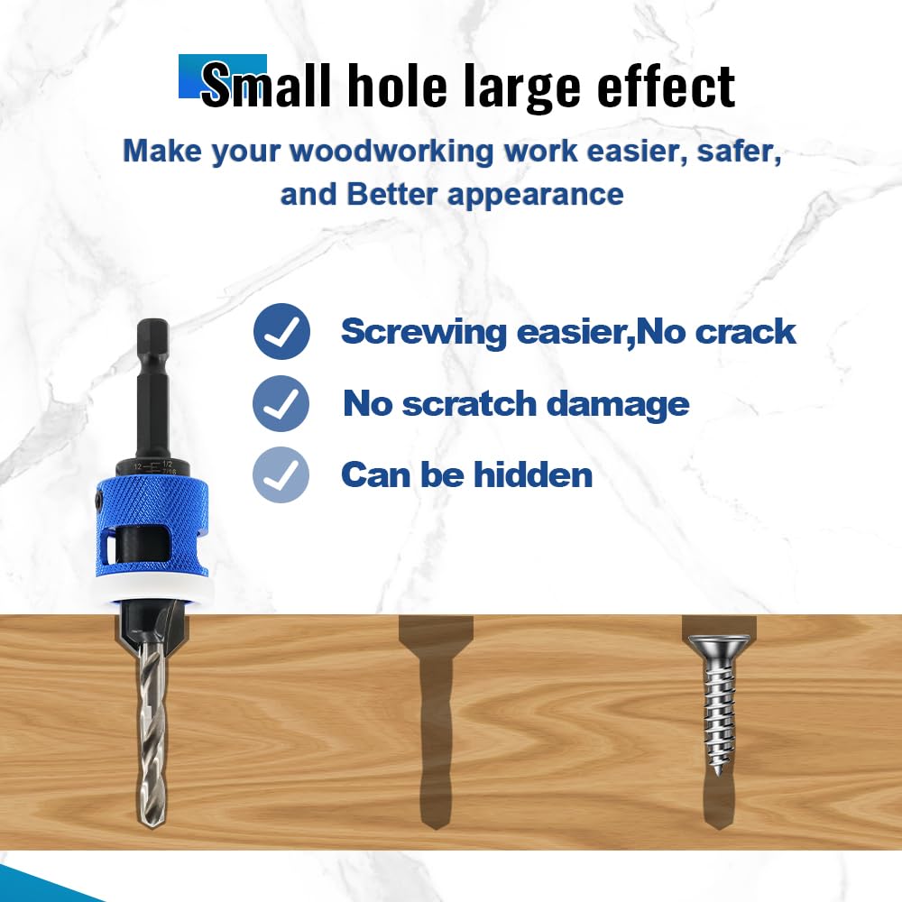 Punta svasata regolabile con punta in carburo per legno, punte coniche HSS M2 da 1/8" + 9/64" + 5/32" + 11/64" + 3/16" HSS M2 punte per cacciavite per lavorazione del legno, plastica, legno.