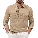 Mens Long Sleeve Fishing Safari Camping Hiking Shirt Lightweight Cargo with Two Pockets for Outdoor Adventures