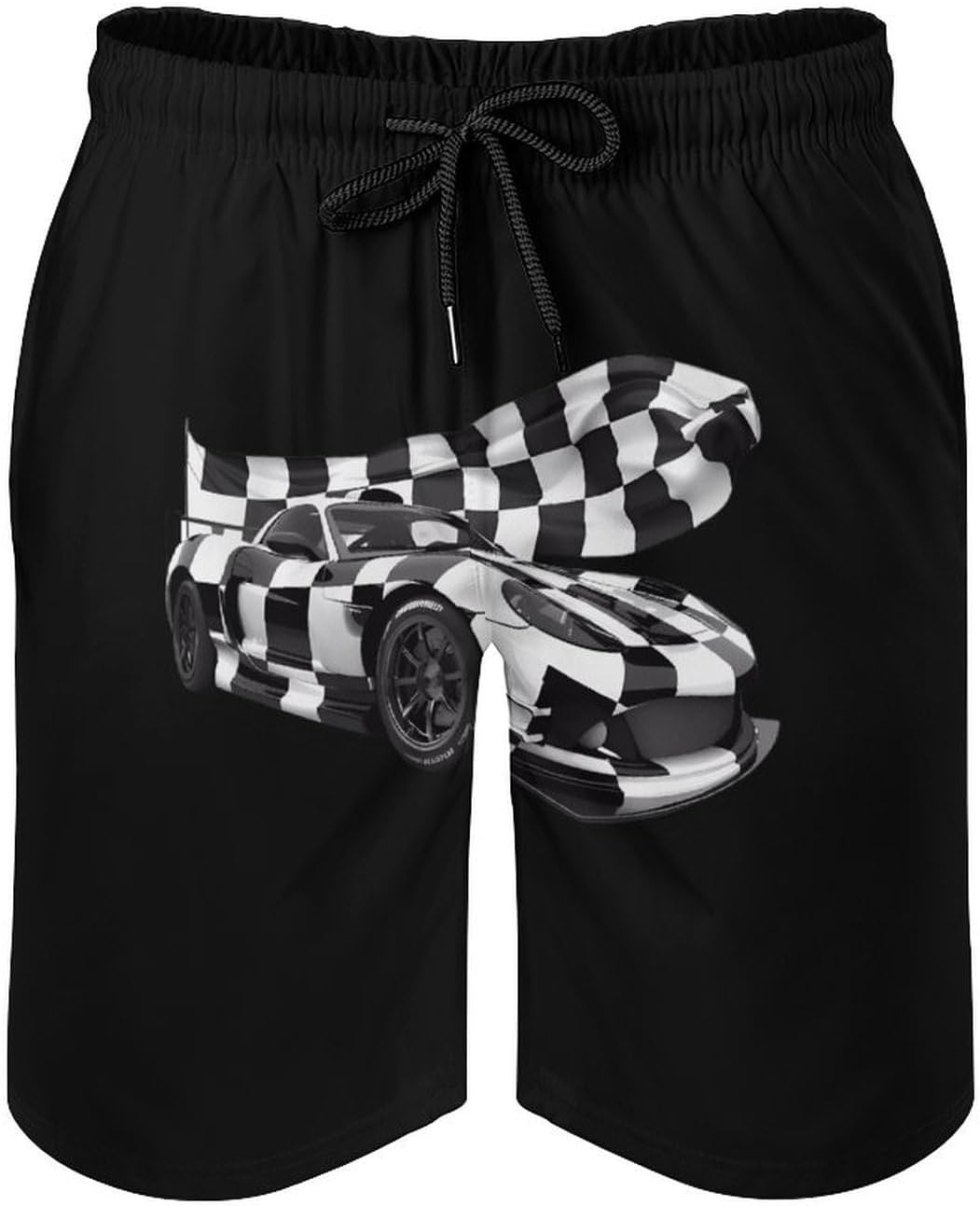 Racing Car White and Black Checked Flag Casual Men's Swim Trunks Novelty Summer Beach Shorts Swimwear with Pocket