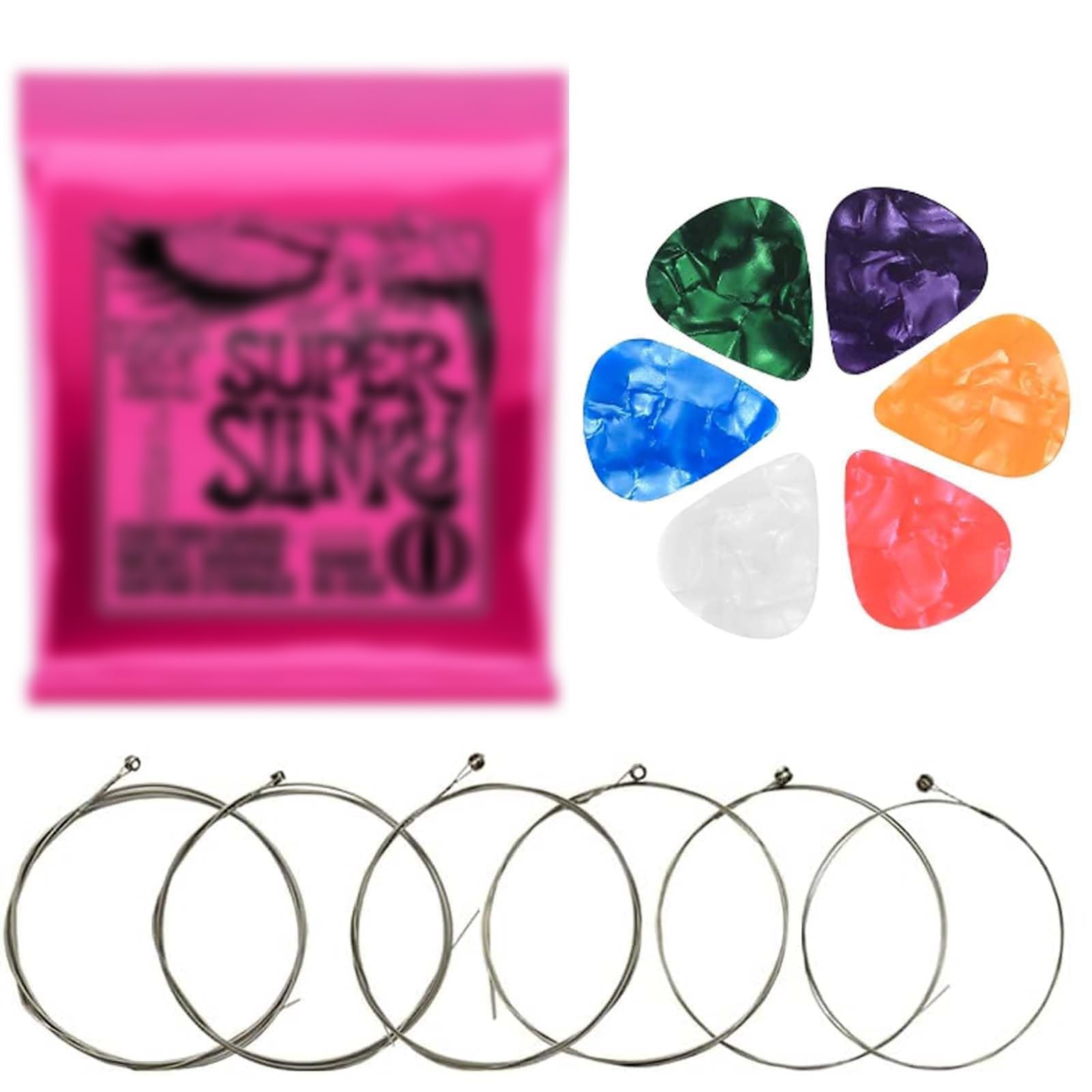 6 Pcs Electric Guitar Strings, Guitar Strings Electric, Plectrum Electric Guitar Strings Set Brilliant Sound Strings for Electric Guitar Coated with Nickel (6 String Set) Incl. 6 Picks