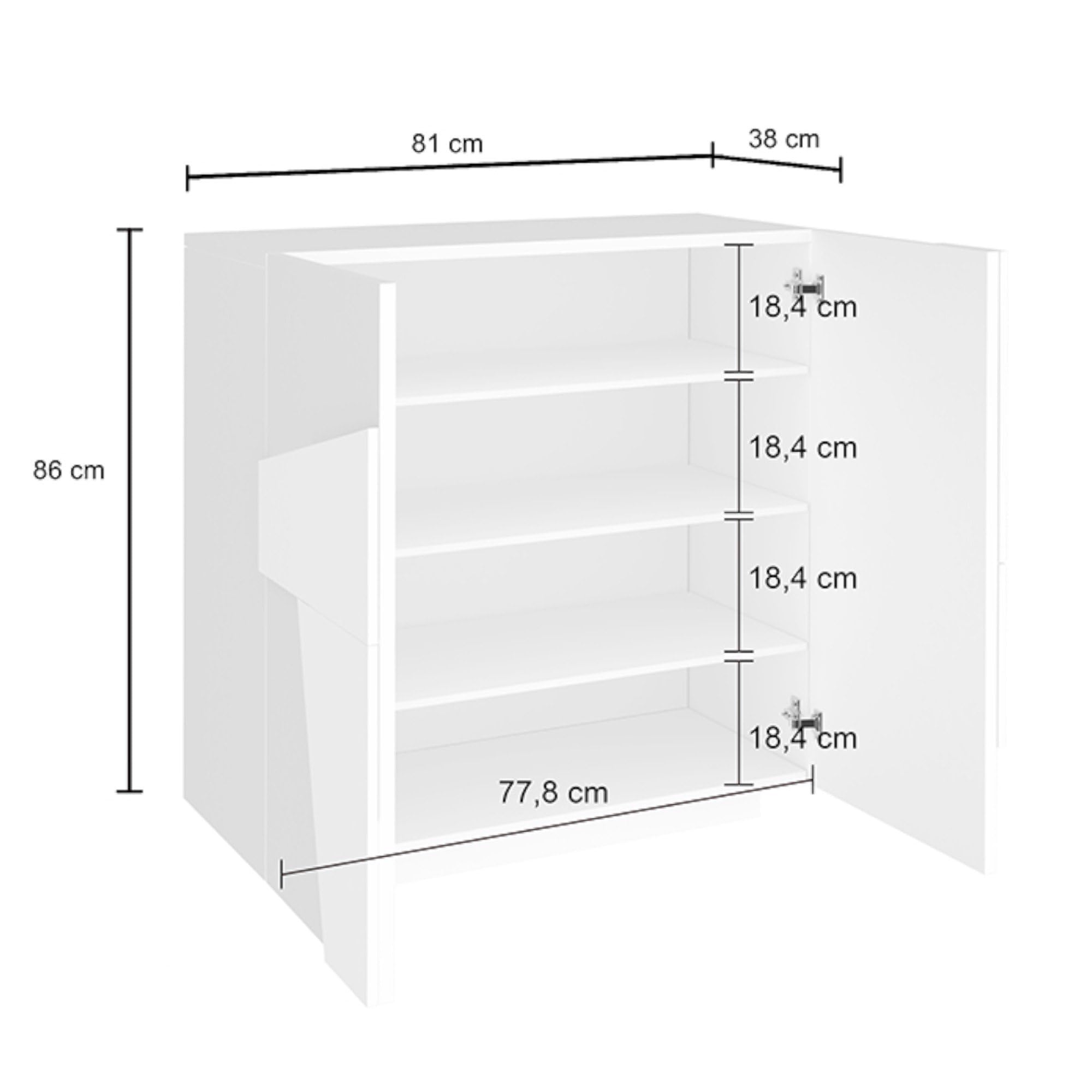 Dmora - Scarpiera Joel, Mobile multiuso a 2 ante, Portascarpe da ingresso, 100% Made in Italy, cm 81x38h86, Bianco lucido con dettaglio