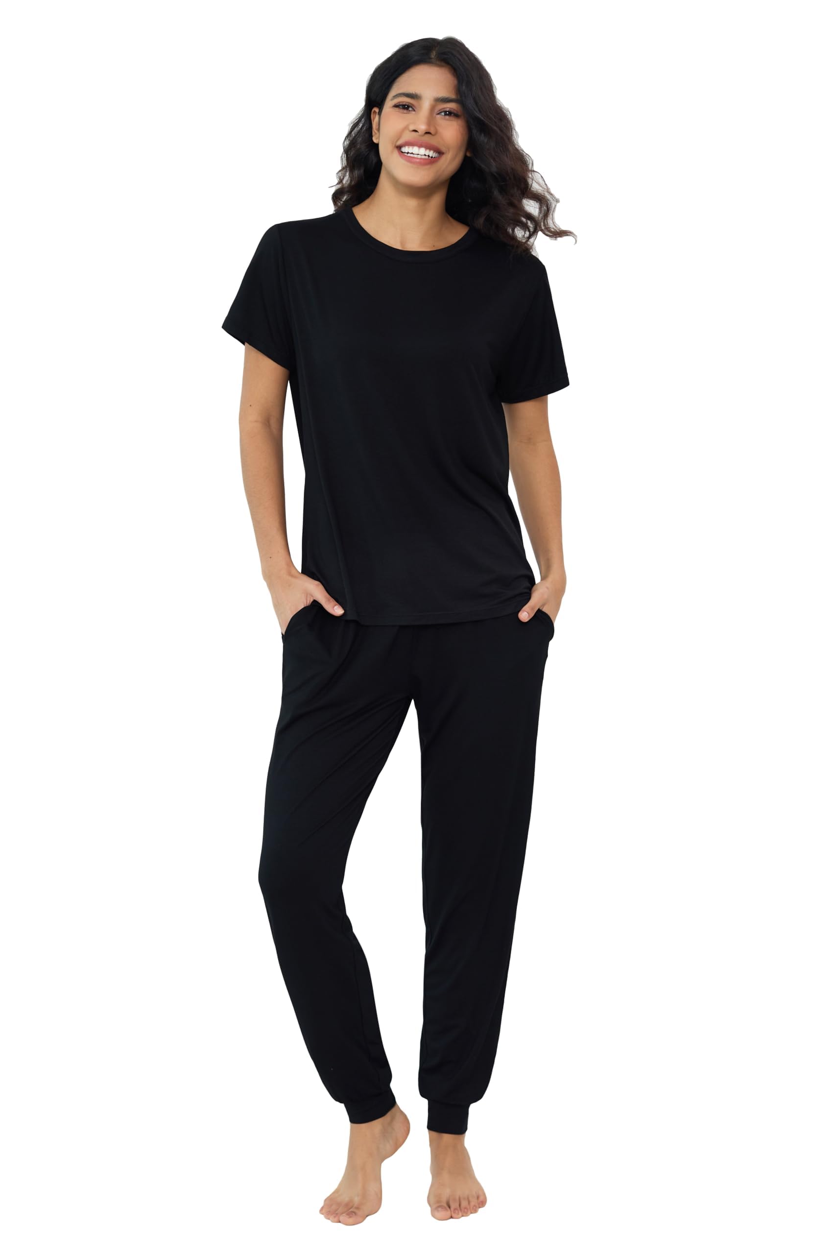 Joyaria Women's Bamboo Viscose Cooling Pajamas Short Sleeve Crewneck Top & Jogger Pajama Pants with Pocket S-XXL