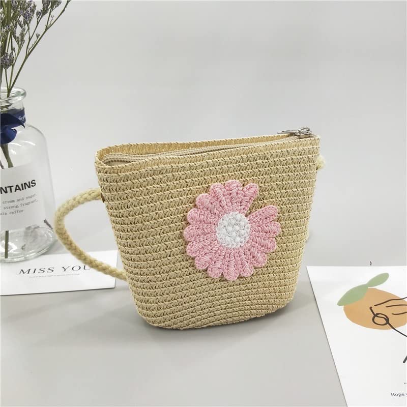 Straw Plaiting Article Shoulder Bag 2 Pieces With Cute Pattern,Pink Daisy Flower Decor2
