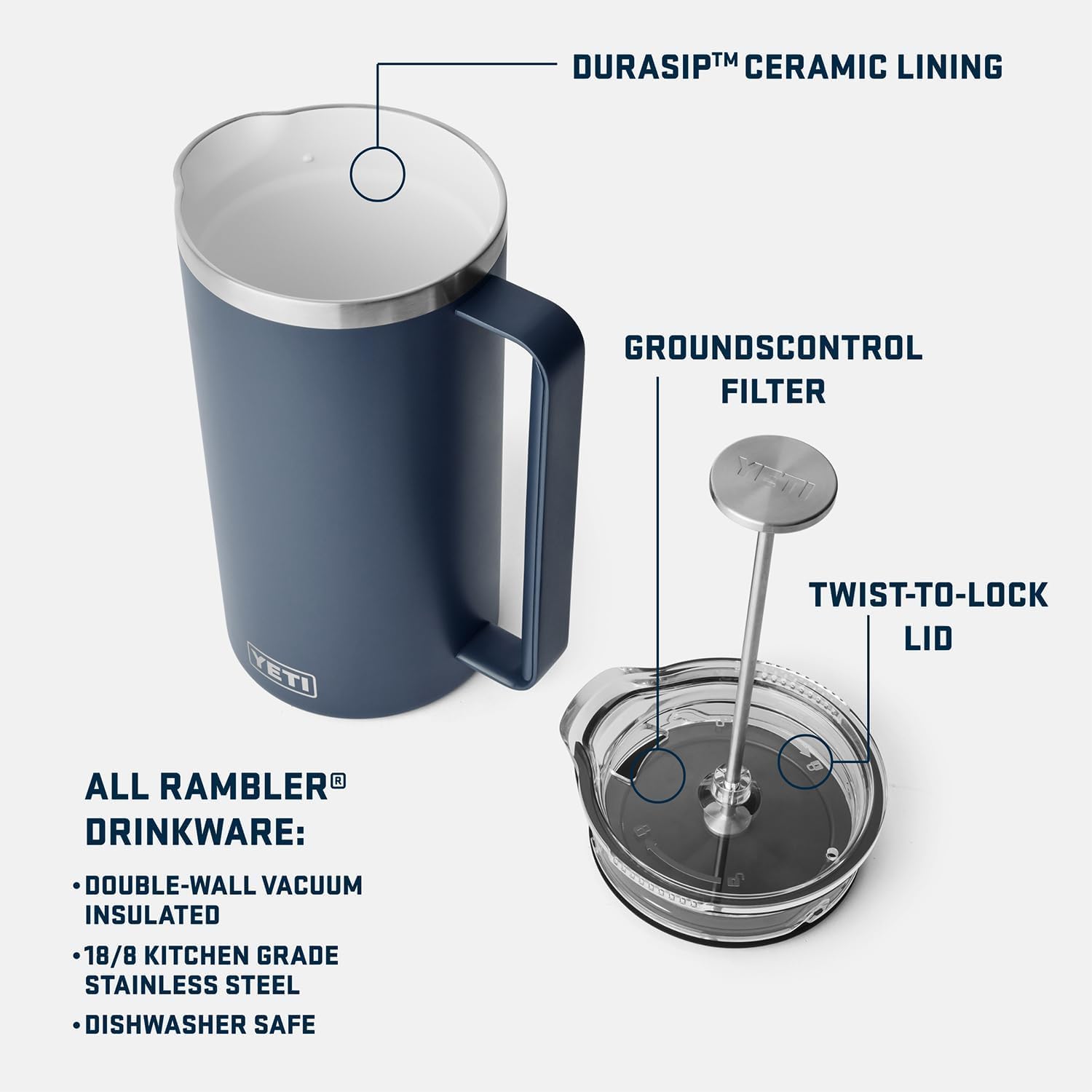 YETI Rambler French Press With DuraSip Ceramic Lining, Rescue Red, 34 oz (1 l), 34oz (1l) - Image 2
