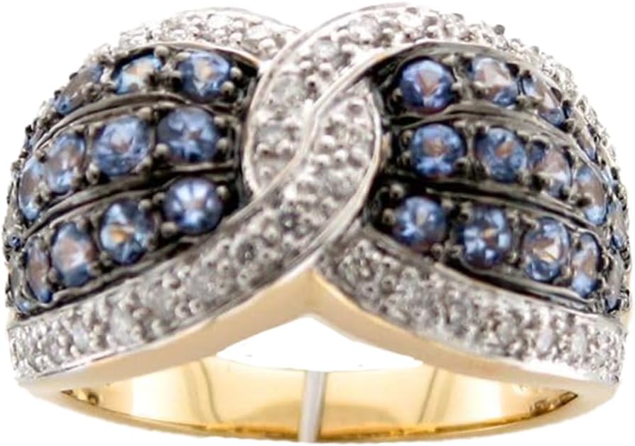 LE VIAN 1/3 Carat Vanilla Diamond with 1 Carat Blue Tanzanite Ring for Women | 14k Yellow Gold Pave Design Wide Band Ring for Her (H-I, SI2-SI3, 0.3 cttw) Promise Anniversary Wedding Band Size 6