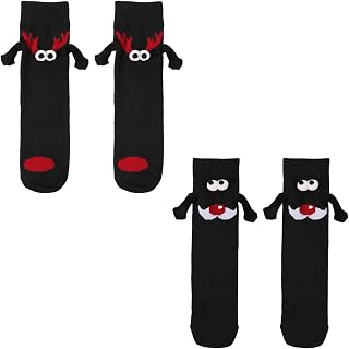 2 Pairs Christmas Hand Socks, Magnetic Hand Holding Socks Cute Funny Socks Couple Holding Hands Socks for Couples Women Men (Antlers and Red Nose)