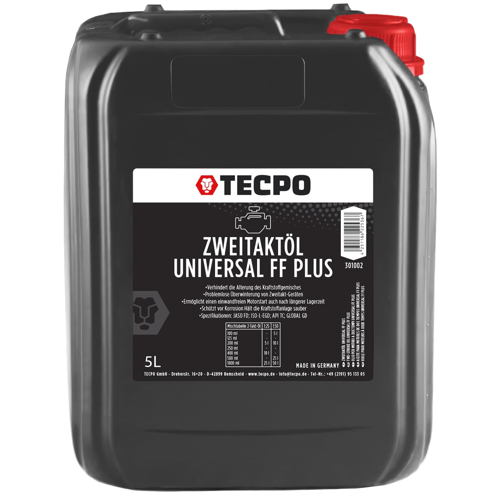 TECPO Zweitaktöl Universal 2-Takt FF Plus, 5 Liter, teilsynthetisch 1:50 JASO FD, ISO-L-EGD, API TC mischbar mit Fuel Fresh für Gemisch- und Getrenntschmierung geeignet Motorsäge, Rasenmäher, Mofa